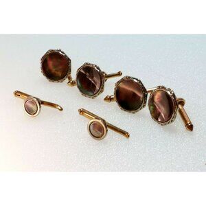 Antique Art Deco Era Larter 10K Gold Men's Dress Set Abalone Cuff Links & Studs